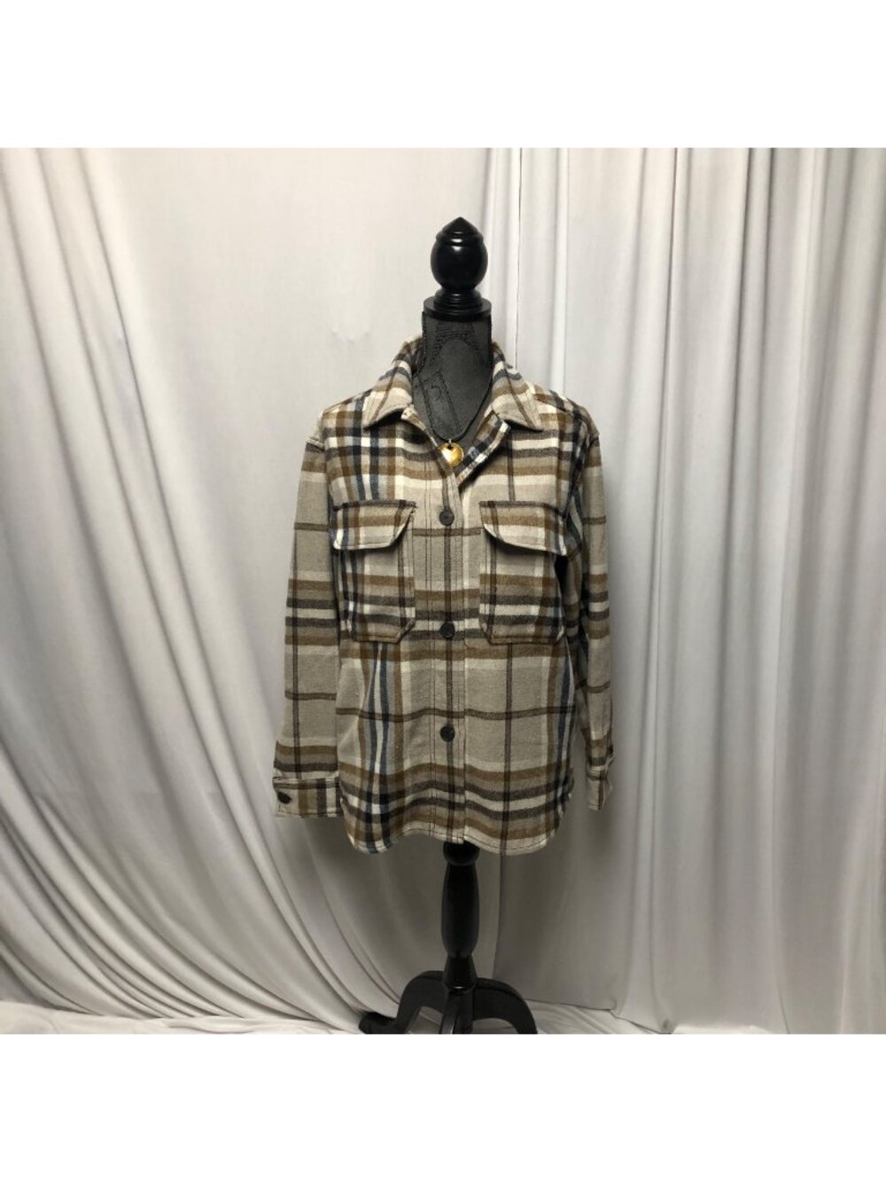 Zara Flannel Shirt Womens Size XS Beige Brown Plaid Button Down Shacket Casual